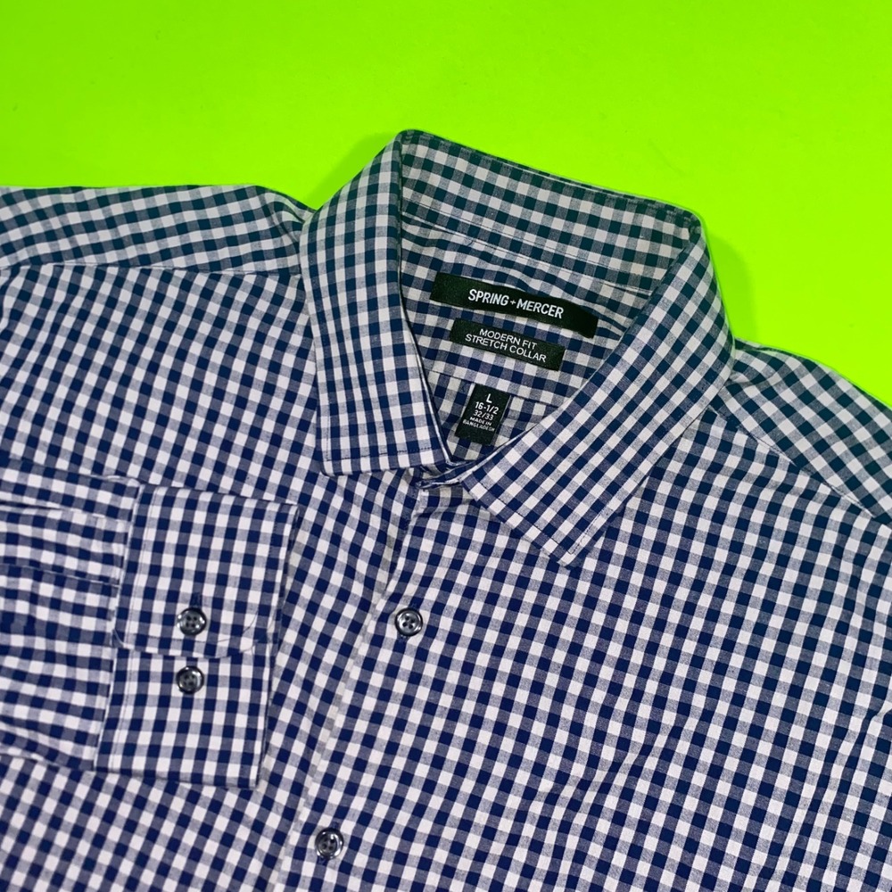 Spring + Mercer Mens Modern Fit Gingham Dress Shirt Navy‎ Blue White Large 16.5